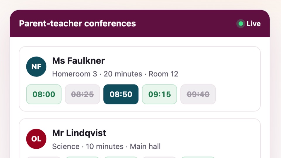 The ParentMeets booking page, showing teachers and their open times